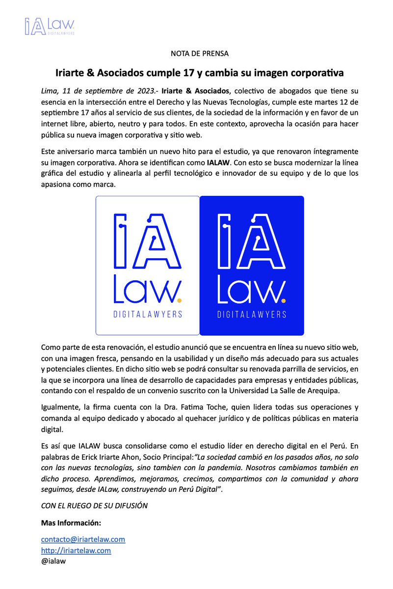 ialaw's tweet photo. Nota de Prensa
Iriarte &amp; Asociados cumple 17 y cambia su imagen corporativa
#IALaw #TiempodeCambios #17años #DerechoDigital #PeruDigital #DandoBatalla https://t.co/gbl1qRe60V