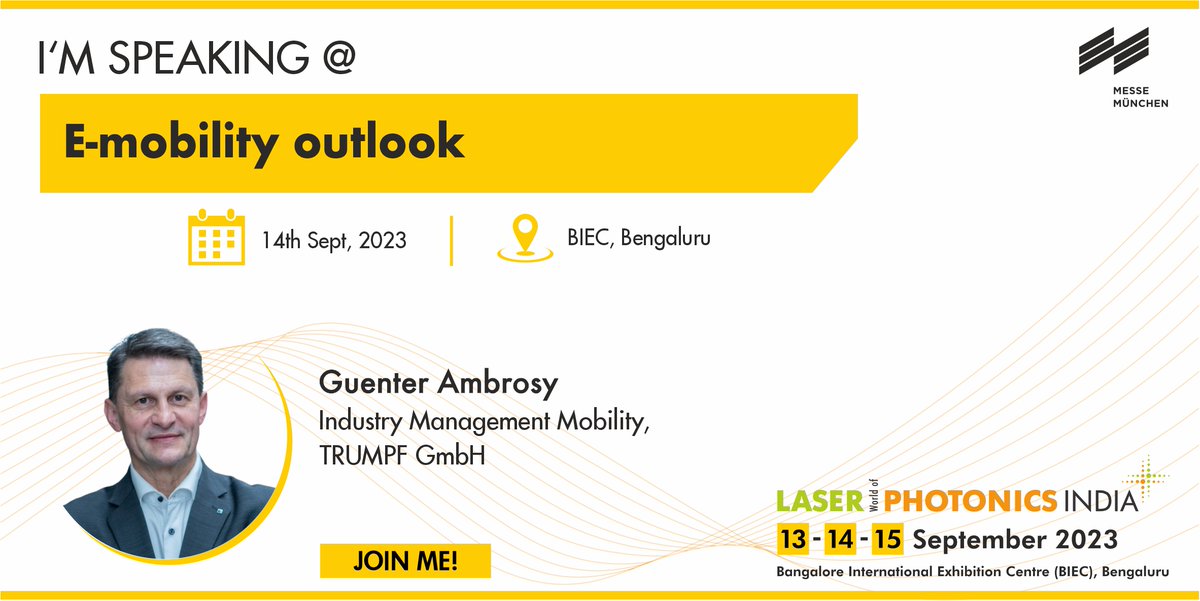 LWOPIndia's tweet photo. Günter AMBROSY, Industry Management Mobility at TRUMPF GmbH is speaking about the "E-mobility outlook."

Don't miss this invaluable opportunity to learn from a distinguished expert.

Register Now: https://t.co/gQMjF9esFy

#technology #technologyinnovation #speaker #speakers #tech https://t.co/ygG6NzMFHx