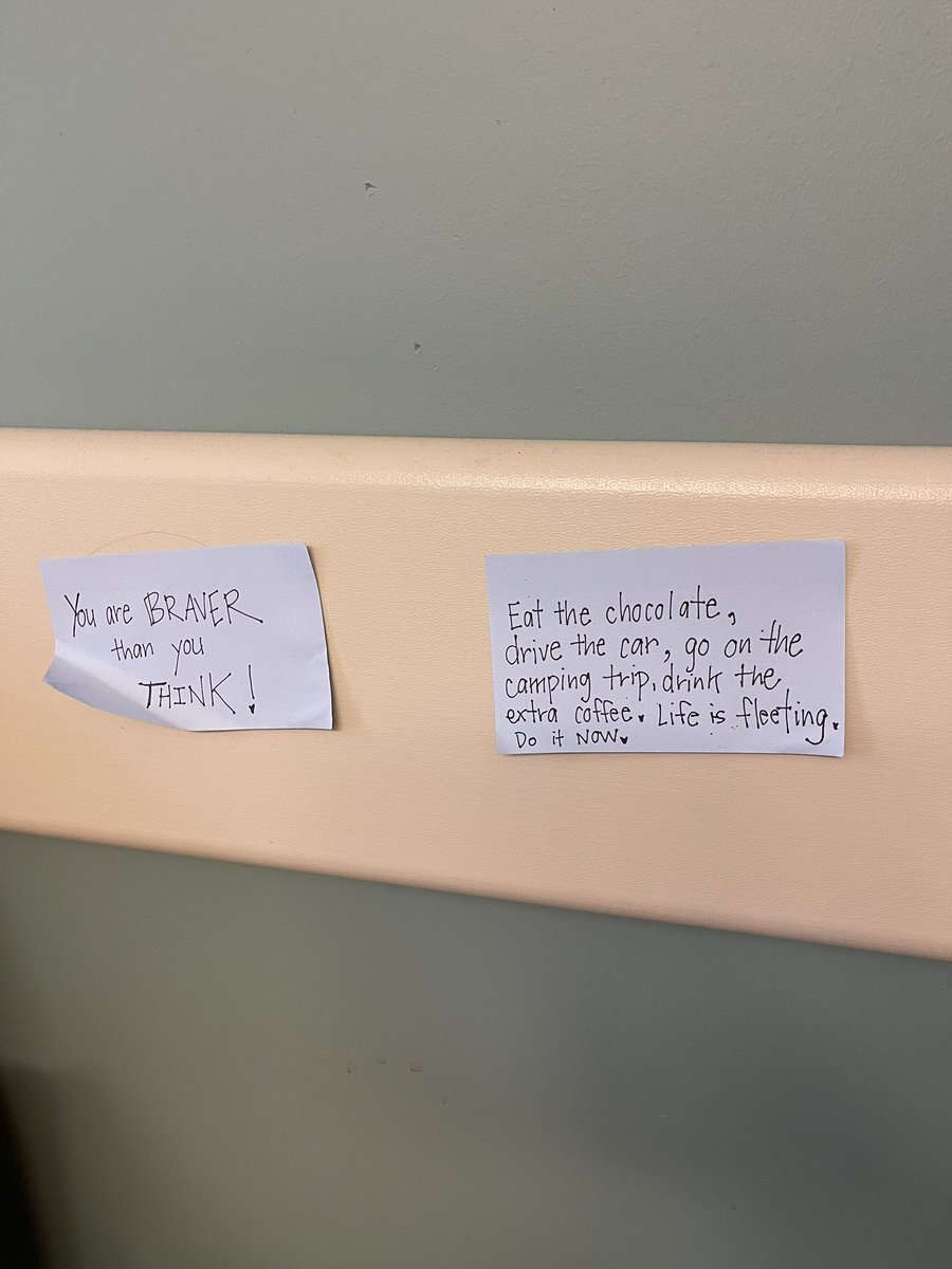 ydenny88's tweet photo. While waiting for Dad at the Radiation Center, I noticed these notes, messages to others to live your life! Sometimes we need reminders to not let anything bring you down and order that dessert!🍰🧁🥧🍩 https://t.co/Goi9hGYgcb