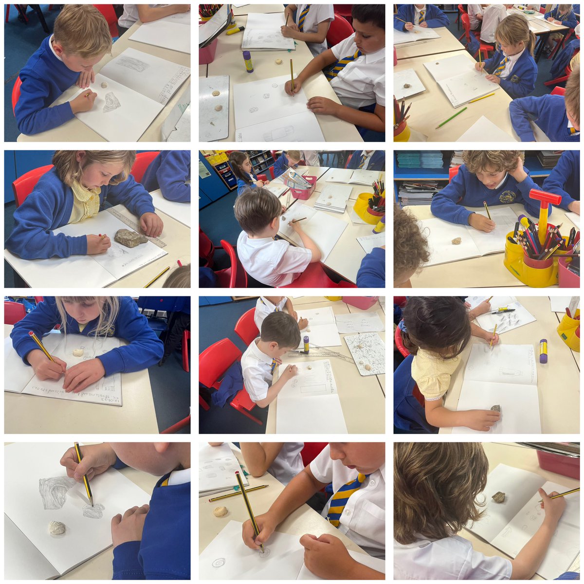 's tweet image. Year 3 had a go at sketching fossils, this afternoon. We looked at the skills needed, and had to get used to not having a rubber! 🪨✍🏻 #lightlines #smallmovements