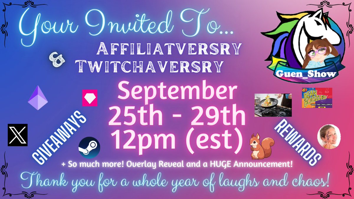 Greetings you amazing humans of the interwebs! I just want to say thank you for this entire year! I can't believe its already been a year! I want to give back so I have lots of fun things planned for the whole week! Bits, gifted subs, games, face painting, cooking and lots more!