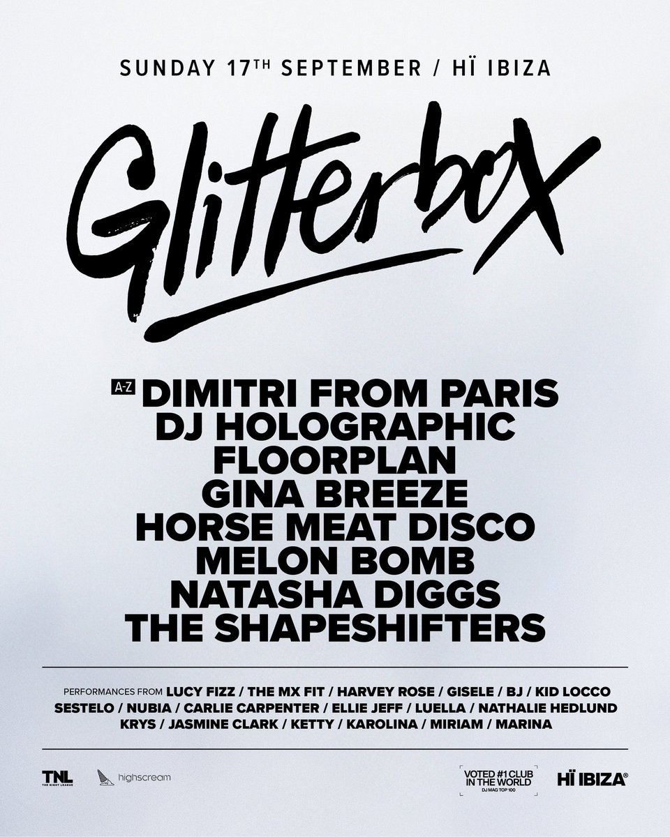 This Sunday will be our last set of the summer for <a href="/Glitterbox/">Glitterbox</a> at <a href="/hiibizaofficial/">Hï Ibiza</a> alongside those dope artists !!!
￼
What a rider it has been ! 🤩

We'll drop some love &amp; big tunes closer to you in the infamous Wild Corner - See you there !

🎟️ : l.hiibiza.com/JshIp0
