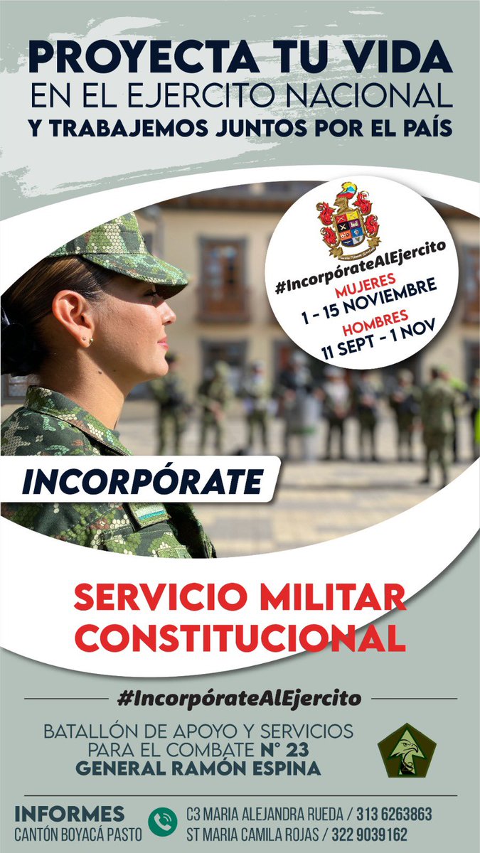 AndresPB1981's tweet photo. Necesitamos ➕ Seguridad, ➕Convivencia y ➕Control. Por eso como #VeteranodeGuerra de mi glorioso @COL_EJERCITO, te
Invito a incorporarte y dar un paso al #Valor y #Valentia.
El #BASPC23 de @Ejercito_Div3 tiene abiertas sus inscripciones para incorporarte como soldado 🪖🎖️de la
Patria.
¡Incorpórate!
#Pasto te necesita!