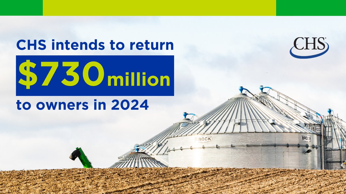 CHS has announced intentions to return $730 million in cash patronage and equity redemptions to owners in 2024, demonstrating our ongoing commitment to sharing profits with our owners and strengthening rural communities. bit.ly/3RiVm1j