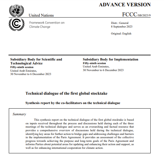 1/ The synthesis report of the technical phase of the #GlobalStocktake is out. Over the past 1.5y, States & non-State actors discussed progress in implementing the #ParisAgreement. This report captures those discussions & will feed into the #GST outcomes at #COP28. A 🧵