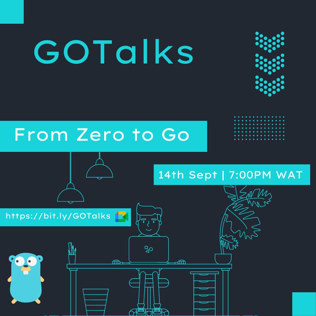 realEkemini's tweet photo. Building upon my @edustipend impact project, and inspiration from @drumzminister ✨
We'll be starting a #GOTalks series with @EphraimXBlack - it'll be all about @golang 👨🏿💻
Our first session will be on Thursday, 14th Sept, at 7:00pm (WAT) - we're going from Zero to #Go :) https://t.co/lEsjBSwrBy