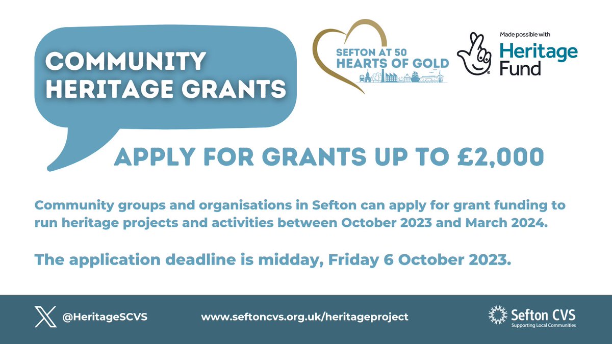 As part of the <a href="/HeritageSCVS/">Hearts of Gold - Sefton at 50</a> Community Grants our Group Development are hosting a Meet the Funder session. 

Community groups and organisations can join us to find out more about the heritage grants. 
🗓️ Thursday 14 September, 10am - 12pm. 

Book here: seftoncvs.org.uk/our-events/mee…