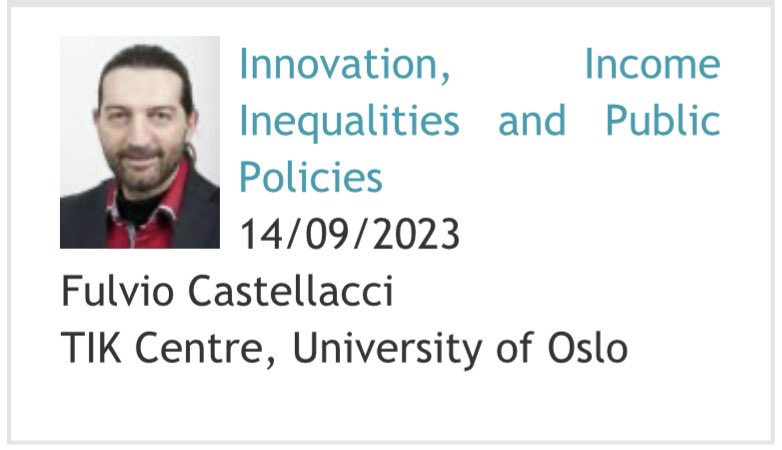 📣📣📣 Seminar announcement:

“Innovation, Income Inequalities and Public Policies”

Speaker: Fulvio Castellacci <a href="/FulvioCastella3/">Fulvio Castellacci</a>

🗓️ Thu 14/09
🕚 11 am
🏢 Campus UPV

Further details here: www2.ingenio.upv.es/es/seminars/in…

#innovation #inequality #policy