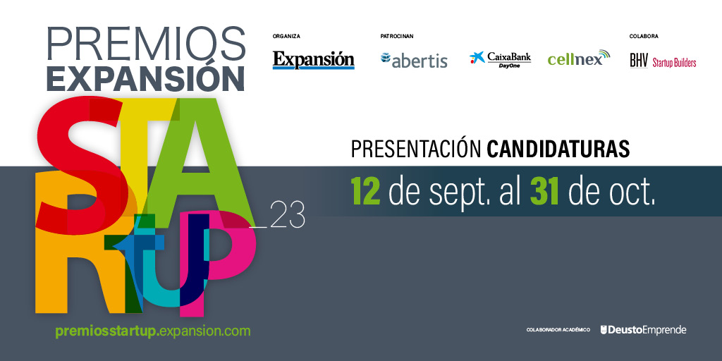 ¡Pronto cerrarán las candidaturas de los #PremiosExpansiónStartup organizados por <a href="/Expansioncom/">expansioncom</a>, <a href="/Abertis/">Abertis</a>, <a href="/caixabank/">CaixaBank</a>, <a href="/cellnextelecom/">cellnex</a>, <a href="/EstrellaDammEs/">Estrella Damm Es</a> y la colaboración académica de <a href="/deustoEmprende/">Deusto Innovación y Emprendimiento</a> y <a href="/BHV_Partners/">BHV Partners</a>! ¿No te has apuntado?

Hasta el 31/10/23
acortar.link/7Frdb1