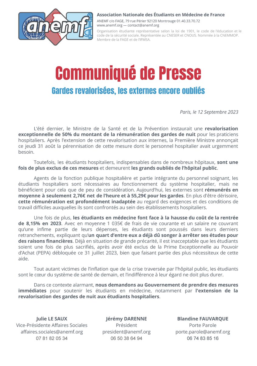 ANEMF's tweet photo. [#Gardes revalorisées, les #externes encore oubliés]

Les externes sont exclus de la #revalorisation des gardes de nuit. Malgré l'inflation et des salaires dérisoires, leur #précarité est ignorée. Nous demandons au @gouvernementFR d'agir urgemment.

https://t.co/xYS9FrK3lS https://t.co/2AkBcVas9I
