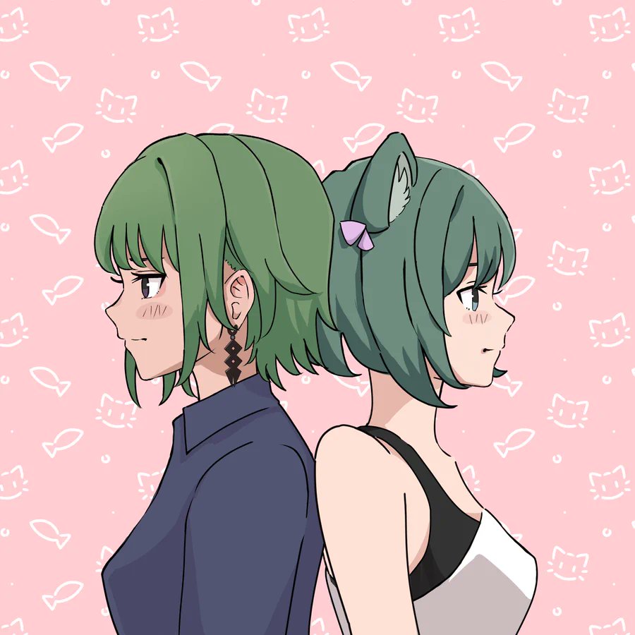 back-to-back green hair animal ears 2girls multiple girls short hair pink background  illustration images