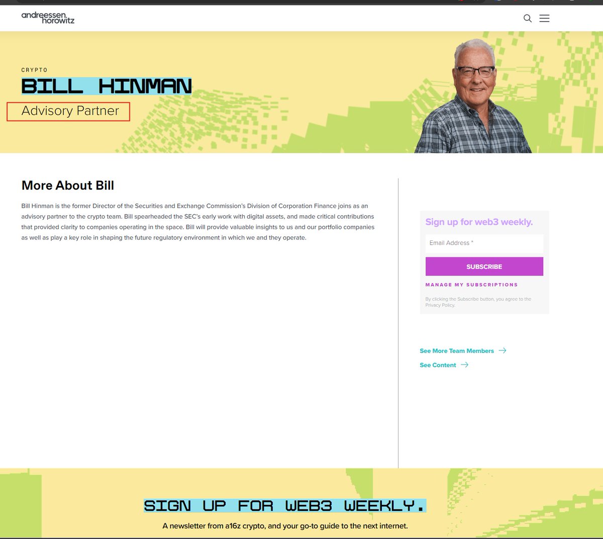 Leerzeit's tweet photo. Bill Hinman just got promoted from "special advisor" to @a16z s new "advisory partner". Congratulations @billhinmanDC! CC: @bgarlinghouse @s_alderoty @JohnEDeaton1 @EMPOWR_us https://t.co/TyafesAmoq https://t.co/mPMFs6Eq6G
