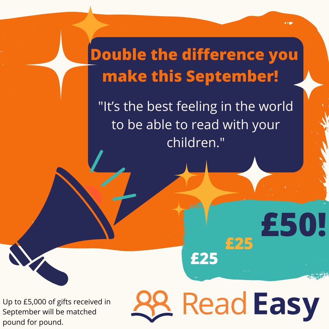 ReadEasyUK's tweet photo. When you donate to Read Easy in September, we'll double your donation! Please help us to transform the life of an adult who can't read ๐๐งก
๐https://t.co/J5XDbuVw7y
#ReadEasyWorks #MyReadEasy #ReadEasyUK #AdultLiteracy #Literacy #LearnToRead #Donate https://t.co/SBda68oKuH