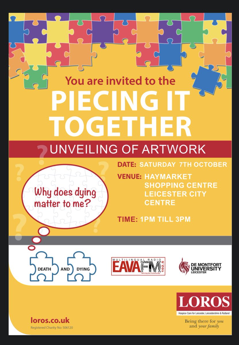 Saturday 7th October
1-3pm
Leicester Haymarket Shopping Centre

Grand unveiling of a very heart felt piece of art work

Young people were asked 'What does death or dying mean to you?'

Come and see what they told us with their artwork 🙏🏽🥹

#YouthVoice
#DeathAndDying
#ArtSpeaks