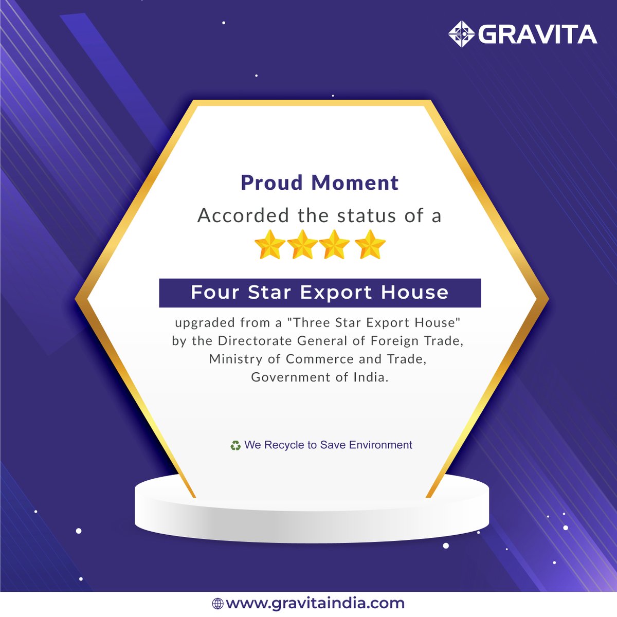 GravitaIndiaLtd's tweet photo. #ExcitingNews

Thrilled to announce that Gravita has just been honored with the prestigious title of a "Four Star Export House" by the Directorate General of Foreign Trade, Ministry of Commerce and Trade, Government of India!

#GravitaProud #ExportHouse #FourStarExportHouse https://t.co/YDJNeId2uA