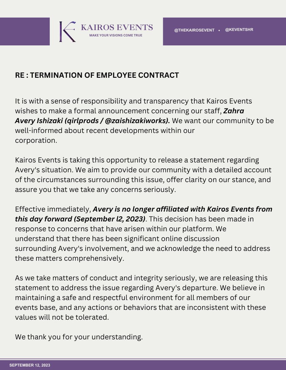 KEVENTSHR's tweet photo. ⠀ 
͏͏
⠀KAIROS EVENTS OFFICIAL ANNOUNCEMENT
   RE : TERMINATION OF EMPLOYEE CONTRACT⠀ 
͏͏⠀ 
͏͏ https://t.co/ZdGweK5og1