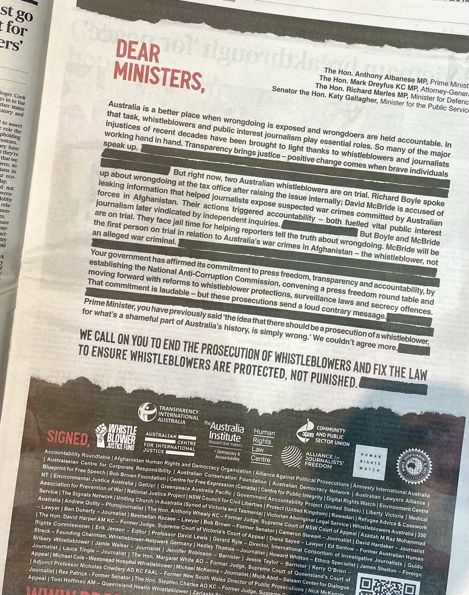 A huge thank you to the dozens of organisations that are now calling directly upon the Prime Minister & AG to end the prosecution of David McBride. This full page ad ran across the country today. This is the last chance as we prep for trial in November. Petition below.