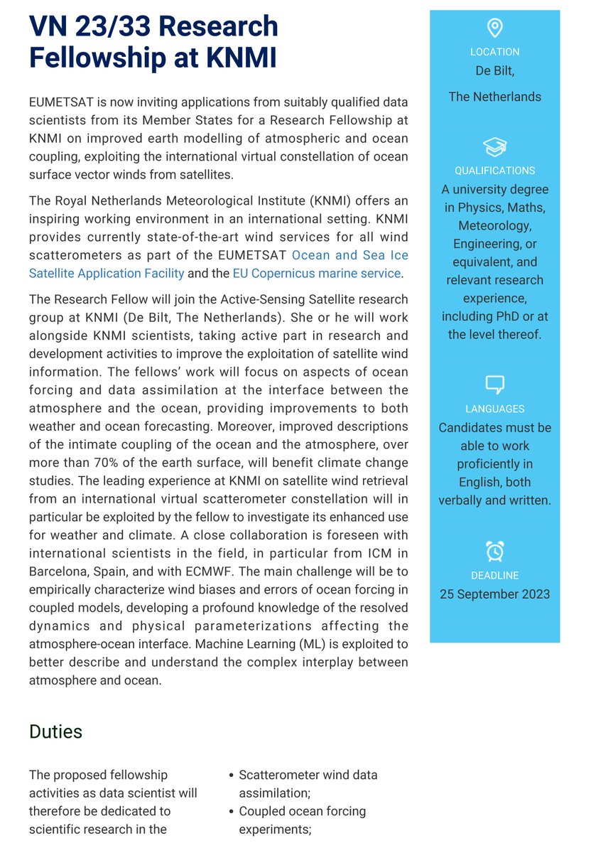 WavesToWeather's tweet photo. If you are a data scientist interested in an @eumetsat Research Fellowship at @KNMI on improved #EarthModeling of atmospheric and ocean coupling, apply before 25 September 2023! https://t.co/XuqLbhOXdW