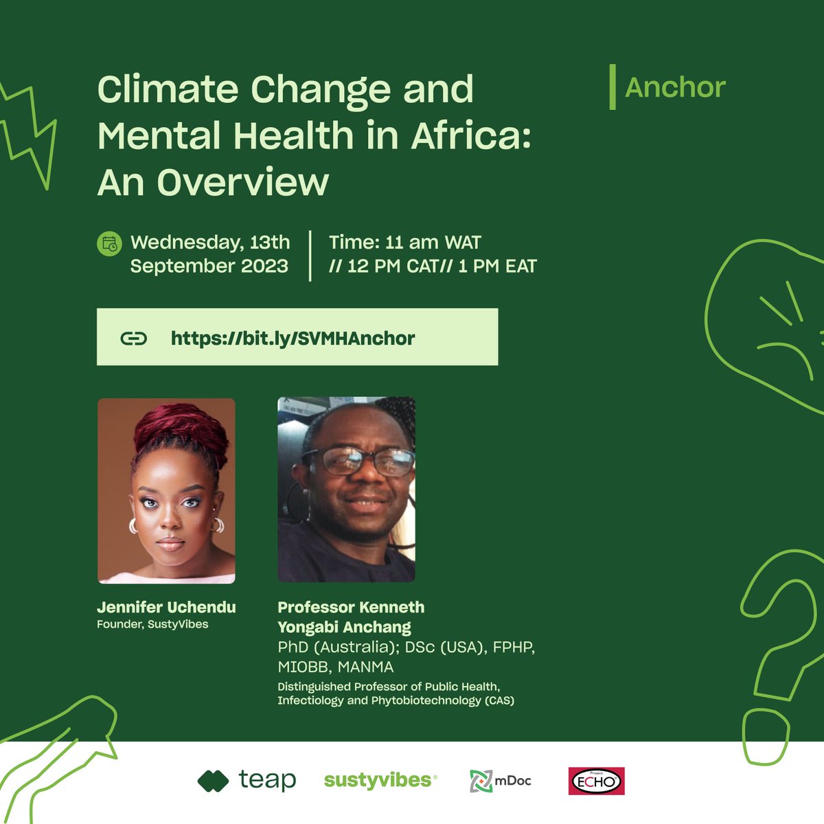 meerheam's tweet photo. Are you a mental health professional, psychologist or medical organization?
Anchor is a training series that is dedicated to exploring the dynamic connections between climate change and our mental health. Register via https://t.co/PsesoXIj0s 
#AnchorSV https://t.co/XmKFG4wOJz