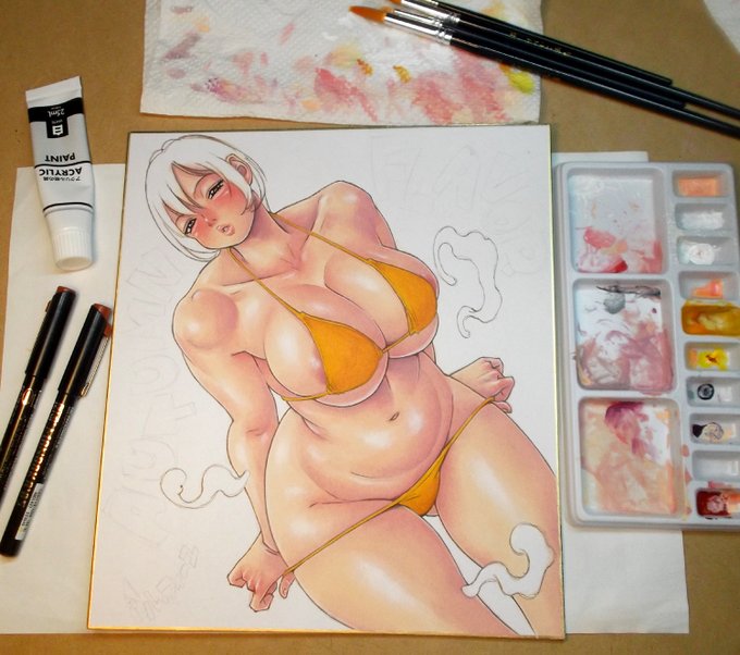 色紙イラストを塗ってます。
ビキニには迷彩柄を入れるつもりです。 