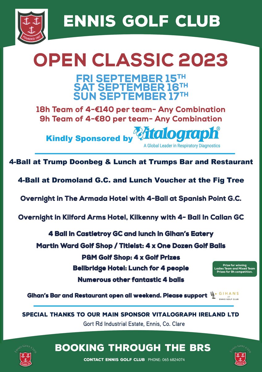 ⛳️Tee-times still remaining for our Classic this weekend. Great prizes on offer, to book your team call 065-6824074 or book online ennisgolfclub.ie ⛳️😍