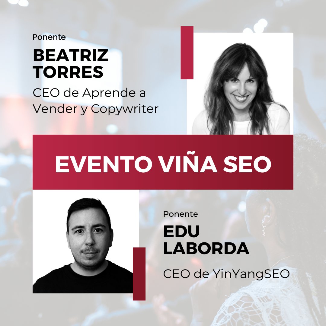 📢 ¡La emoción no para de crecer en #viñaseo23!

🍇 Beatriz Torres: <a href="/Beatriz_Copy/">Beatriz Torres | Copywriter</a> 
👉🏽 CEO de Aprende A Vender Club y Copywriter.

🍇 Edu Laborda: <a href="/EduLabordaYYS/">Edu Laborda</a> 
👉🏽 CEO de <a href="/yinyangseo/">YinYang SEO local</a> 

⚠️ No os perdáis sus charlas.

Patrocinadores: <a href="/RaiolaNetworks/">Raiola Networks</a>
