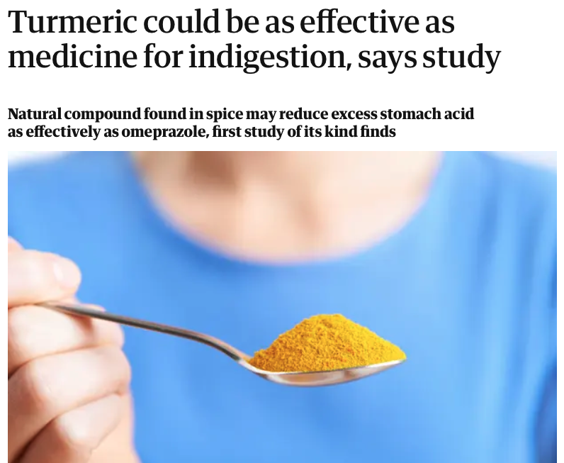 Jonathan_K_Cook's tweet photo. After decades of claims the spice turmeric is an indigestion remedy, a small study in Thailand confirms that it appears to work as well as drugs but without the side effects.
There's no prospect of a large trial because Big Pharma can't profit from turmeric #CapitalismAtWork https://t.co/KGxHF4AI3F