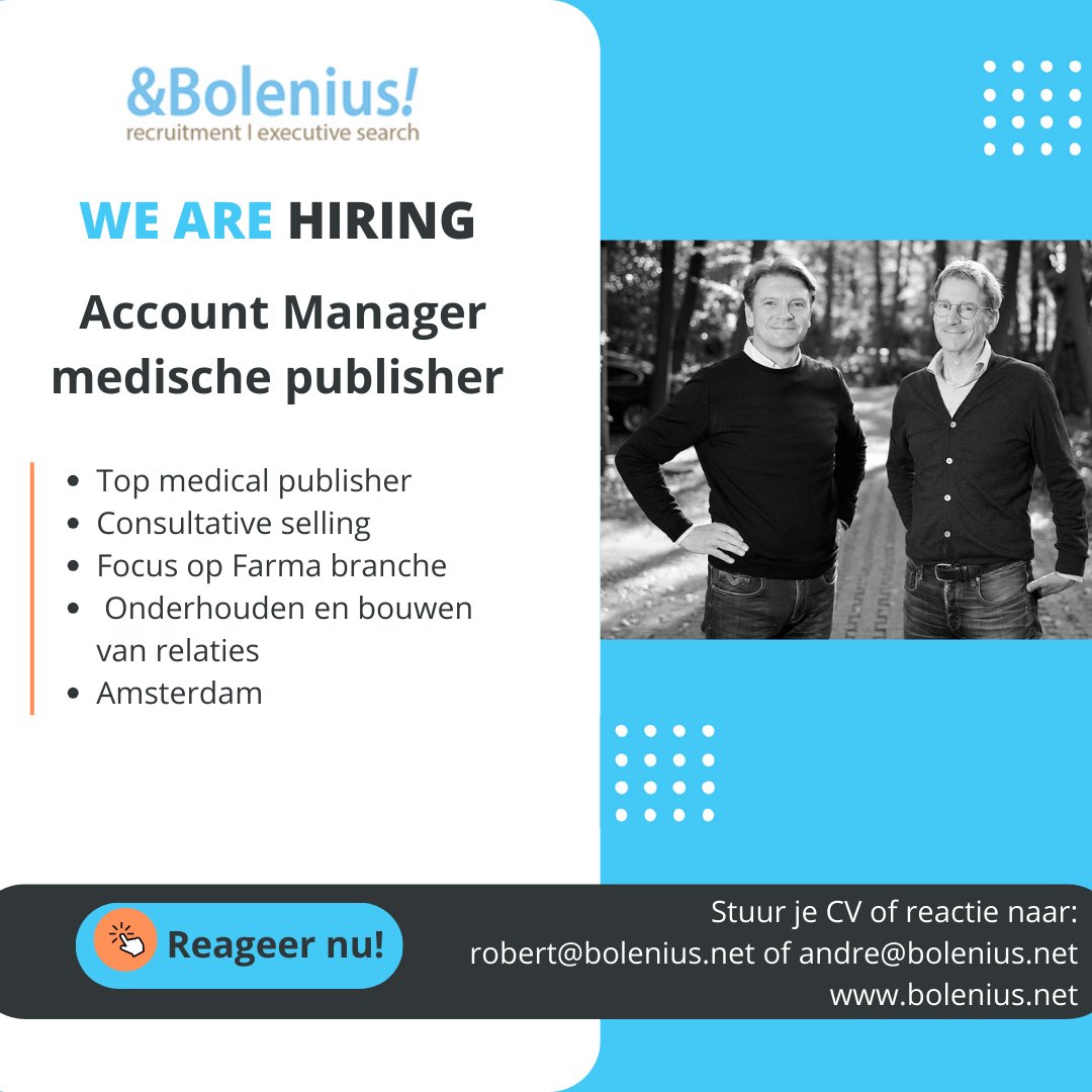 robertbolenius's tweet photo. zoek je een uitdagende (medior) salesfunctie binnen een informele, vooraanstaande internationaal opererende medische uitgeverij met meer dan 30 jaar ervaring en sterke groei in online kanalen? Dan is dit jouw kans! https://t.co/IqGWtEi5We
