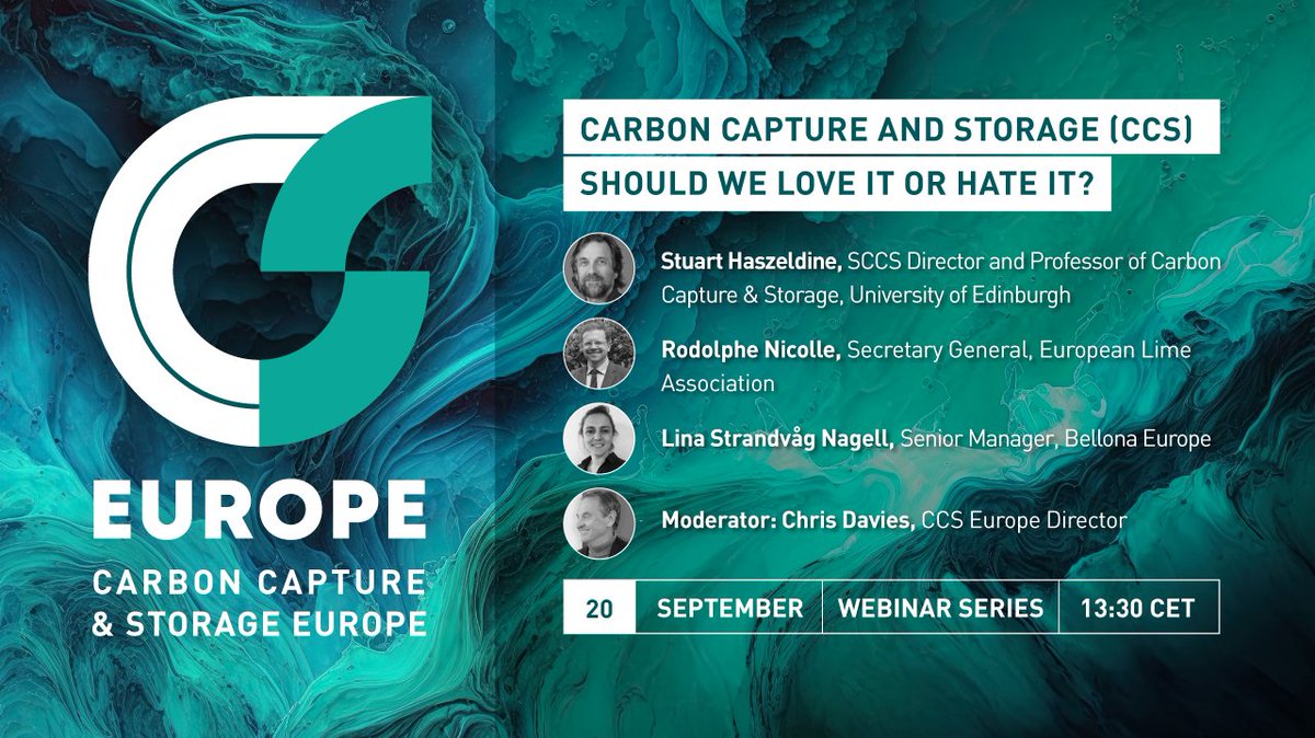 CCS Europe (@ccs_europe) on Twitter photo 🗓️On 20 September our director <a href="/ChrisDaviesLD/">Chris Davies</a> will be joined by <a href="/Haszeldine/">Stuart Haszeldine</a>, <a href="/NicolleRLH/">Rodolphe Nicolle</a> and <a href="/NagellLina/">Lina Strandvåg Nagell</a> for a #webinar on #carboncapture and storage.
🤔Should we love it or hate it?
Find out whether #CCS really can help us reach #NetZero!
Join us! us02web.zoom.us/webinar/regist… 🗓️On 20 September our director <a href="/ChrisDaviesLD/">Chris Davies</a> will be joined by <a href="/Haszeldine/">Stuart Haszeldine</a>, <a href="/NicolleRLH/">Rodolphe Nicolle</a> and <a href="/NagellLina/">Lina Strandvåg Nagell</a> for a #webinar on #carboncapture and storage.
🤔Should we love it or hate it?
Find out whether #CCS really can help us reach #NetZero!
Join us! us02web.zoom.us/webinar/regist…