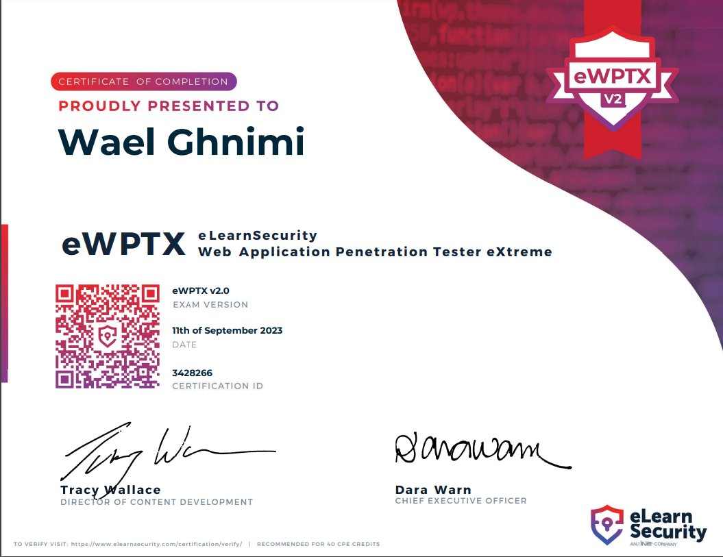 GhnimiWael's tweet image. Thrilled to share my new achievement !! 🚀
I've successfully passed the eWPTXv2 (ELearnSecurity Web Application Penetration Tester eXtreme V2) Certification exam.
Thank you @INEsecurity / @ine for this exam.
#ewptx #elearnsecurity #certification