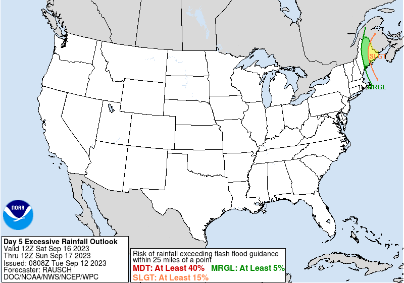 LimWeather's tweet photo. D5 WPC Excessive Rainfall Outlook
SLGT risk of #FlashFlood in SE #Maine state due to #HurricaneLee turning extratropical near #NovaScotia, #Canada incl #Bangor, #Eastport, #Houlton cities
#Wxtwitter #Tropicswx #HurricaneSeason2023 #HurricaneSeason #Hurricane #Lee #MEwx #NSwx https://t.co/wOX1CMSDhS