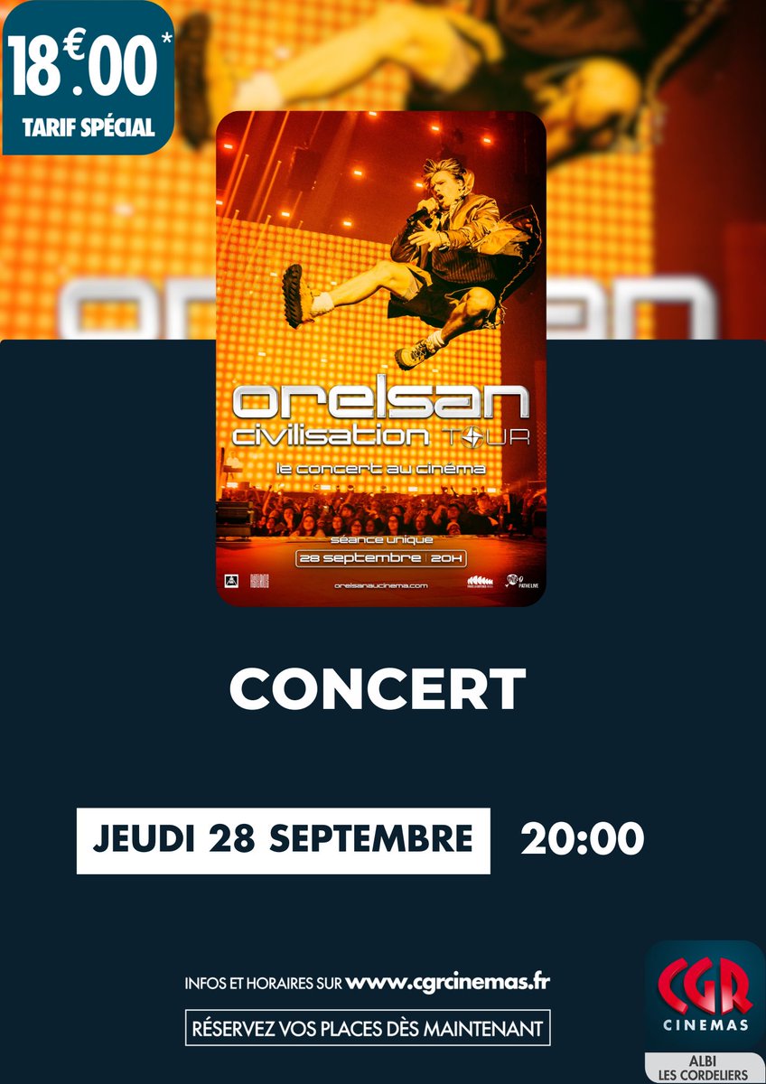 CGRALBI_OFF's tweet photo. Retransmission du concert #Orelsan dans votre @CGRALBI_OFF le jeudi 28 septembre ! 
📱https://t.co/eQ4sAkQOPE ou sur 👉 App CGR https://t.co/yKiqztcOMS
