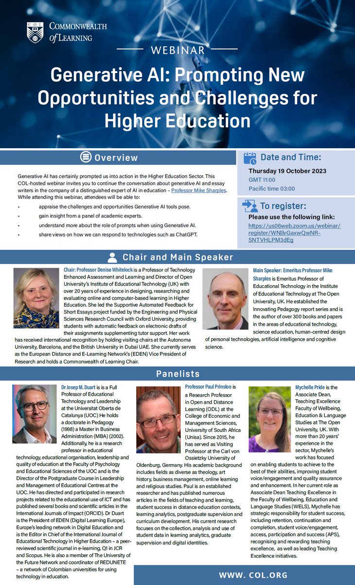 One year on from the initial hype and concern about generative AI in education, where are we now? What are the opportunities and challenges of new AI? What policies and guidelines should we adopt? Free webinar by <a href="/COL4D/">COL</a> . us06web.zoom.us/webinar/regist…