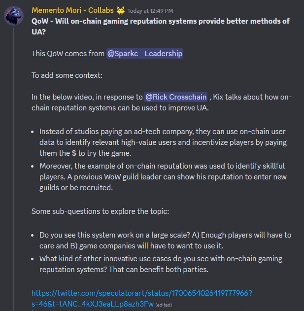 All eyez on us 👀

shoutout to <a href="/speculatorart/">Kix</a> for sharing his thoughts about onchain reputation, inspired by our thread on friday

and to <a href="/sparkcsays/">sparkc</a> for making it the “Question of the Week” in the <a href="/WolvesDAO/">WolvesCo</a> Discord

Onchain reputation is coming to web3 gaming