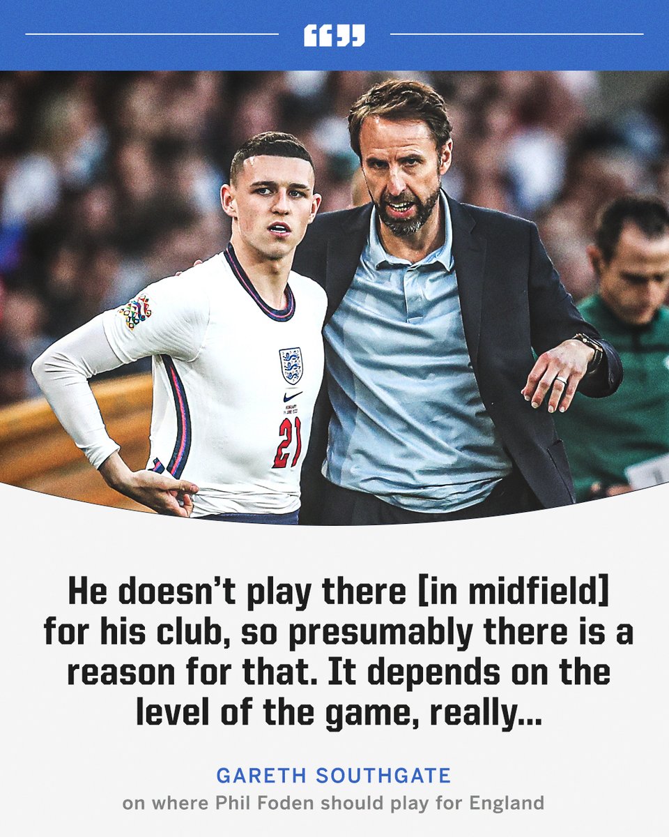 ESPNUK's tweet photo. Gareth Southgate doesn't believe Phil Foden can play in midfield in the big games for England 👀 https://t.co/bIMywTFS6y
