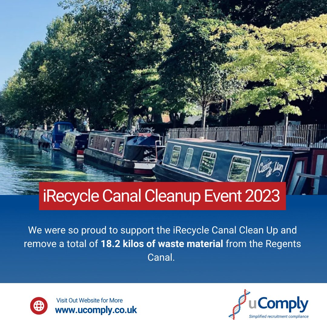 uComply's tweet photo. We had such a great time supporting iRecycle with their #CanalCleanUp last month! 
We are proud to say that during the event we managed to remove 18.2 kilos of discarded waste from #RegentsCanal. 
#irecycle #canalcleanup #cleaningindustryevent #cleaningservices #cleaningcompany https://t.co/rUczBENczi