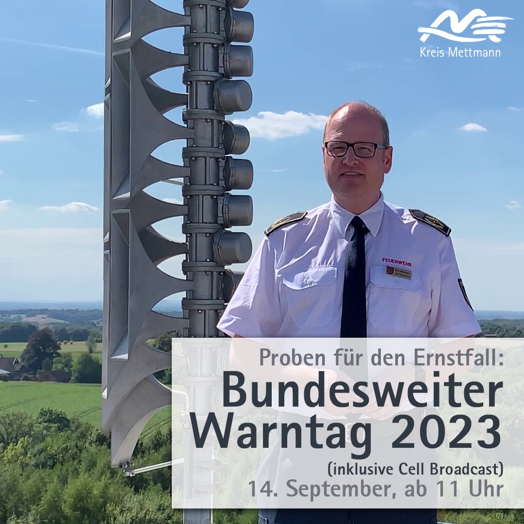 KreisMettmann's tweet photo. Am Do., 14.09., findet der bundesweite #Warntag statt. Auch im #KreisMettmannwerden ab 11 Uhr die Warnkonzepte getestet. Es werden #Sirenensignale zur Warnung der Bevölkerung und zur Entwarnung ausgelöst. Auch #WarnApps und #CellBroadcast werden einen Probealarm anzeigen. https://t.co/dHX8bIv82F