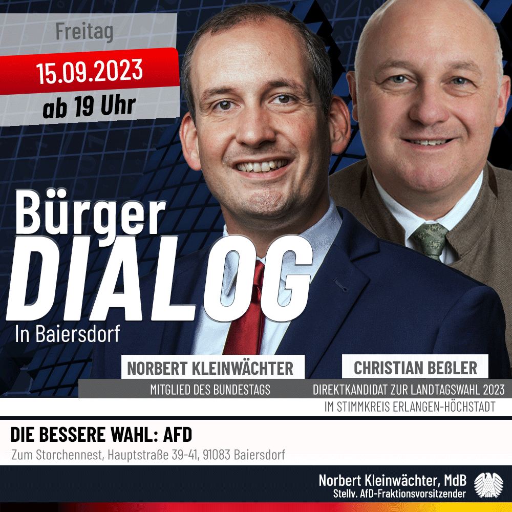 Kommen Sie am 15.09.2023 um 19 Uhr nach #Baiersdorf und treffen Sie mich und Christian Beßler! Wir stehen Ihnen Rede und Antwort!

#bundestag #bürgerdialog #politik #afd