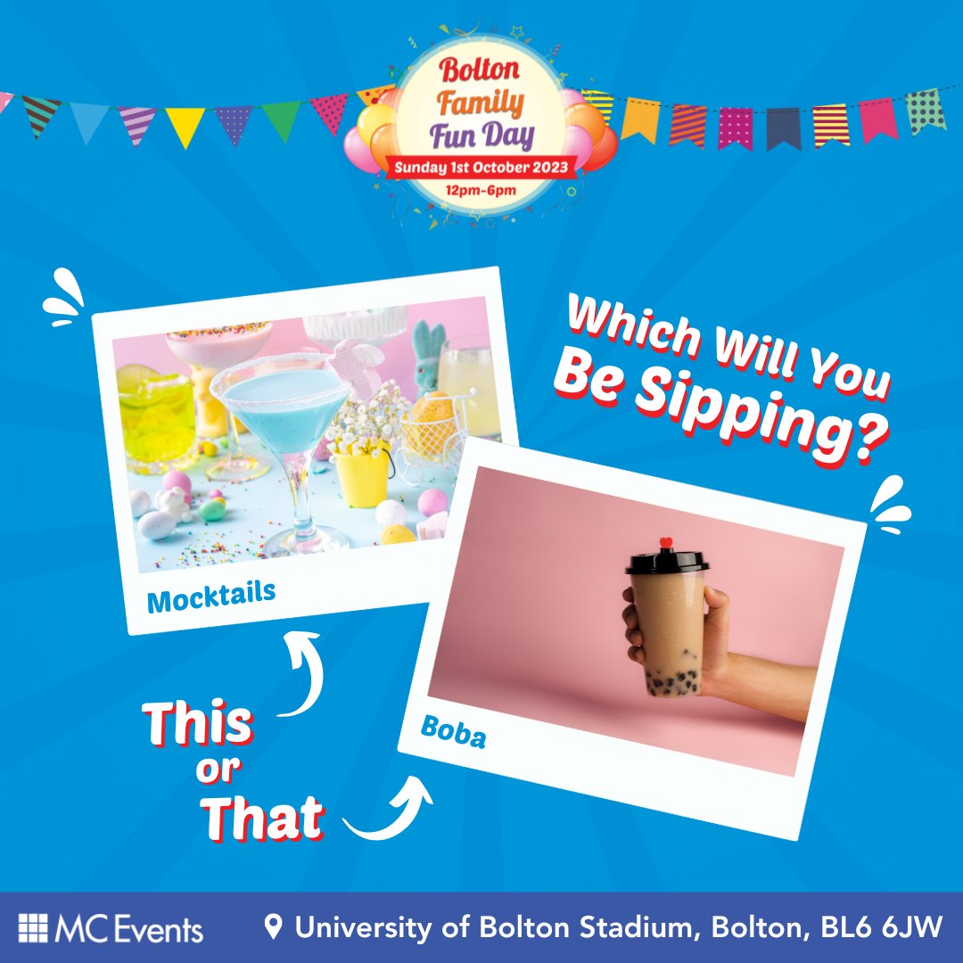 🍹 Sip &amp; Savour: What's Your Flavour? 🥤

👇 Pop your pick in the comments below and stir up the drink debate! 😄

#FamilyFunDay #BoltonEvents #KidsDayOut #BFFD23 #MocktailVsBoba #PickYourPotion #BoltonFamilyFunDay #ThirstyChoices #BoltonEvents 🍹🥤