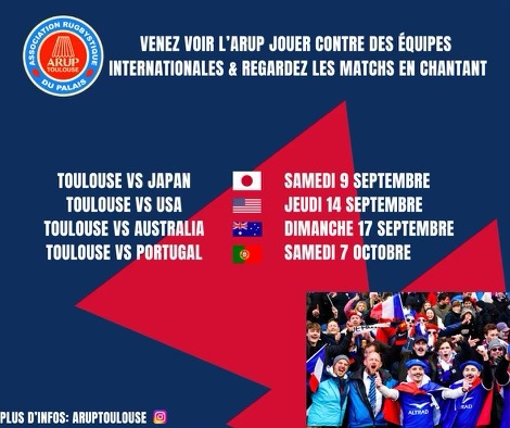 BarreauToulouse's tweet photo. Pour la #RWC2023, l’@ArupToulouse accueille 4 équipes internationales.
Après le Japon 🇯🇵, venez assister aux prochains matches et festivités qui suivent.
📅 14/09 18h contre les Etats-Unis🇺🇸
📅 17/09 15h contre l’Australie 🇦🇺
📅 7/10 15h contre le Portugal 🇵🇹
📍TOEC Rugby Stadium https://t.co/KrFVYgENrk
