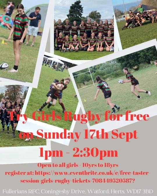 FulleriansWomen's tweet image. Free Rugby session

Open to Girls aged 10 to 18 

Intro to rugby in a safe &amp;amp; fun environment 
Register 👇

eventbrite.co.uk/e/free-taster-…

📆 Sunday 17th September 

⌚1pm to 2.30pm 

📌 Fullerians RFC

#sport #rugby #fun #health #fitness #Watford #girlssports #womenssports #challenge