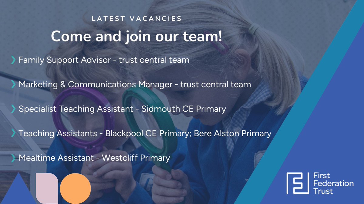 FirstFederation's tweet photo. 🧐 Take a look at our latest #vacancies both in school and as part of our central team 👇 

https://t.co/kQxuHac4SR

#Devonjobs #FamilySupportAdvisor #marketing #communications #TeachingAssistant #JobsinSchools #primaryeducation https://t.co/z3guP22Ovt