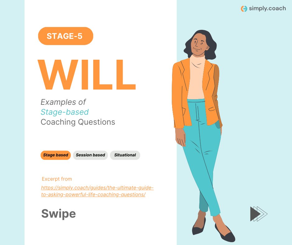 SimplyCoachHQ's tweet image. 📌The 5th and final set of stage-based coaching questions is all about ‘Will&apos; - questions that explore the commitment/will of the client to &apos;reach their goals.’ Swipe through for examples of questions! 👉

#SimplyCoach #CoachingPlatform #CoachingSoftware #LifeCoach #BusinessCoach