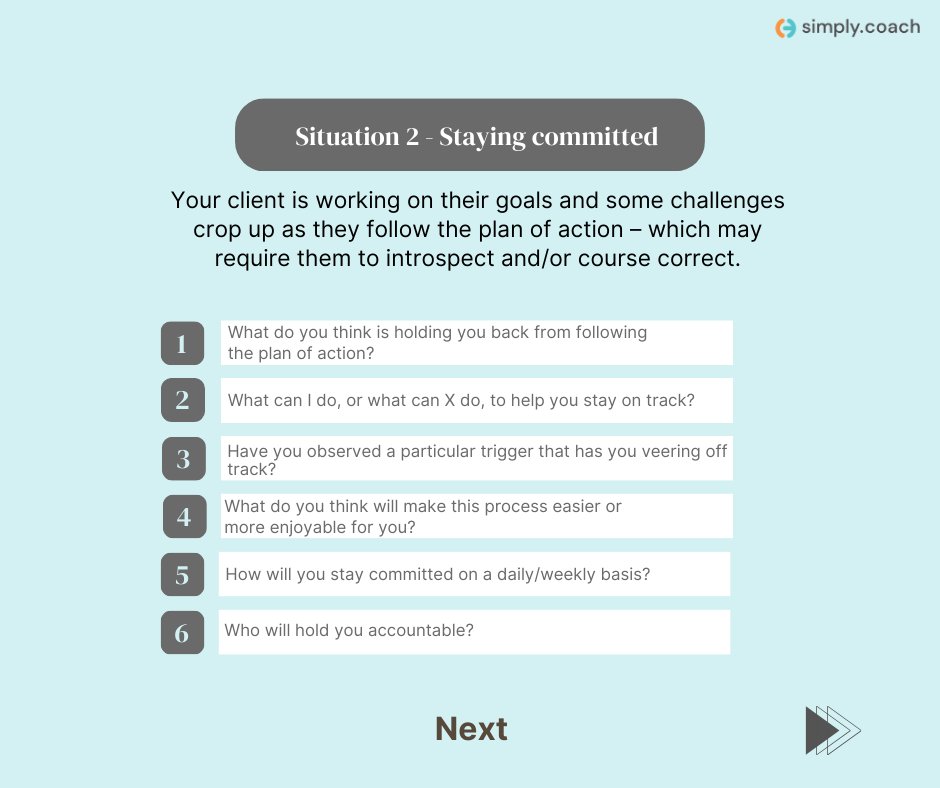 SimplyCoachHQ's tweet image. 📌The 5th and final set of stage-based coaching questions is all about ‘Will&apos; - questions that explore the commitment/will of the client to &apos;reach their goals.’ Swipe through for examples of questions! 👉

#SimplyCoach #CoachingPlatform #CoachingSoftware #LifeCoach #BusinessCoach