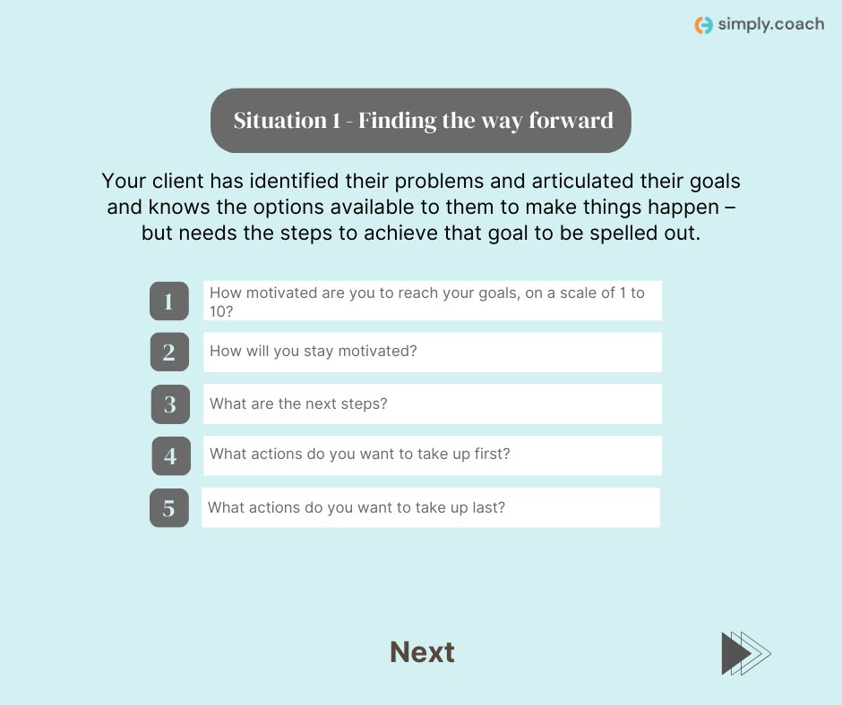 SimplyCoachHQ's tweet image. 📌The 5th and final set of stage-based coaching questions is all about ‘Will&apos; - questions that explore the commitment/will of the client to &apos;reach their goals.’ Swipe through for examples of questions! 👉

#SimplyCoach #CoachingPlatform #CoachingSoftware #LifeCoach #BusinessCoach