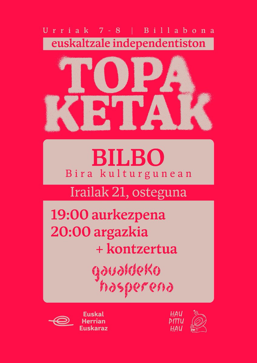 📣 Adi euskaltzale! 
📣 Adi independentista! 

Urriaren 7-8an Billabonan batuko gara #Euskararen #Errepublikaren alde✊🏼

Gehiago jakin edota piña egin nahi? 
Zatoz Bilboko aurkezpenera!

📍 21ean Biran
🎤 Aurkezpena + argazkia
🎸 Gaualdeko hasperena