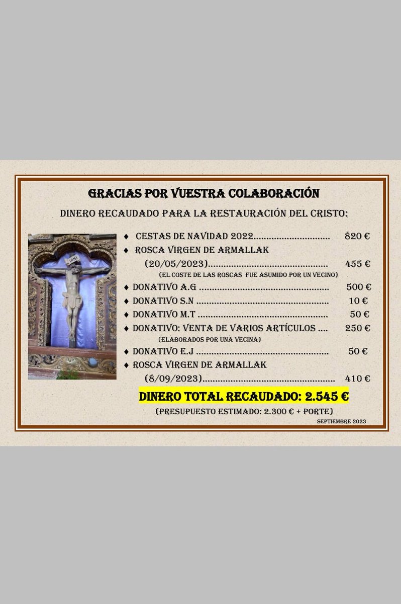 pasado dia 8 se realizó la tradicional Rifa de la Rosca de la Virgen. Gracias a lo recaudado, sumado a las cantidades anteriores, se va a proceder a la restauración del Cristo. Muchas gracias a todos por vuestra colaboración.