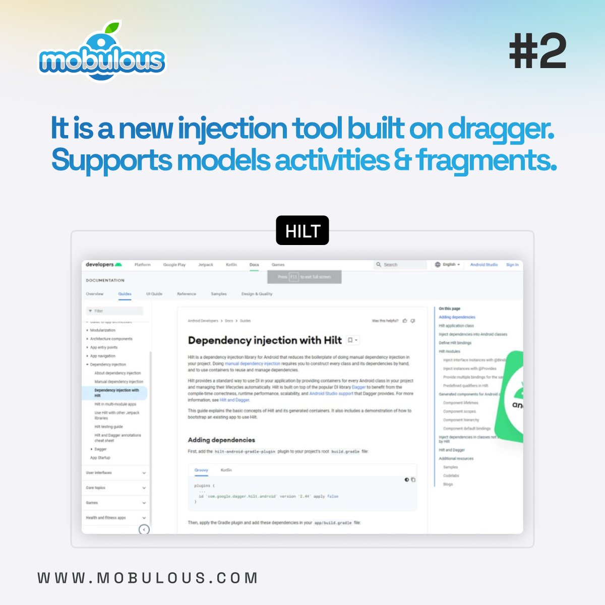 mobuloustech's tweet image. 📱 Excited about #Androidapptrends in 2023? Let's dive in! 🚀
Jetpack Compose for UIs 🎨
Hilt DI for coding 🔧
Kotlin Flow for productivity ⚡
mobulous.com/portfolio
sales@mobulous.com or call at +91-9650100411.💬
#AndroidappdevelopmentServices - bit.ly/34mNplV