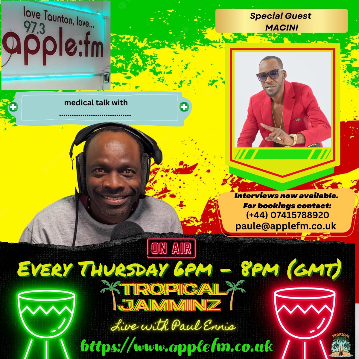 📷 📷 Love Taunton, Love Apple fm' 📷 📷
#macini  LIVE radio interview  on Apple Fm in the UK with Paul Ennis  from 7pm (gmt)
Tune into TROPICAL JAMMINZ from 6pm.
Everyweek on 📷📷📷📷📷
applefm.co.uk
Up coming artists link up for dates.
#mikeydpromo #somersetuk