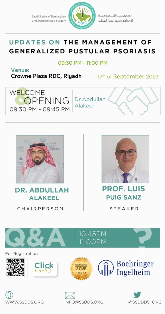 ssdds_org's tweet photo. تنظّم الجمعية السعودية لأمراض و جراحة الجلد حوار علمي بعنوان "Updates on the management of Generalized Pustular Psoriasis"

و ذلك في تاريخ ٢٠٢٣/٩/١٧  حضورياً في فندق كراون بلازا بالرياض و عبر منصة زوم

يمكنكم التسجيل للحضور عبر منصة زوم من خلال الرابط التالي:

https://t.co/yH0IdnVJje

حضوركم يشرفنا